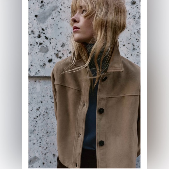 Zara New 100% Leather Suede Collar Jacket Beige NWT - Picture 3 of 14